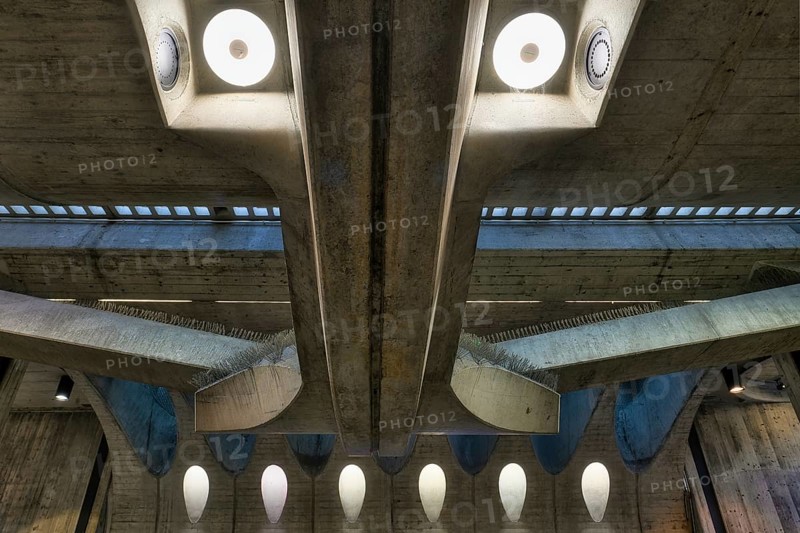 Futuristic concrete ceiling of a railway station passage, Zurich, Switzerland