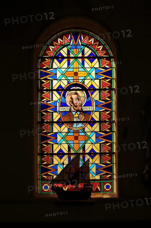 Interior view, church window with sailing ship, Église Saint Martin church, Yport, Normandy, Seine-Maritime, France