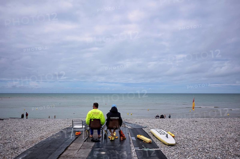 Lifeguard, lifeguard, pebble beach, beach, sea, Yport, Normandy, Seine-Maritime, France