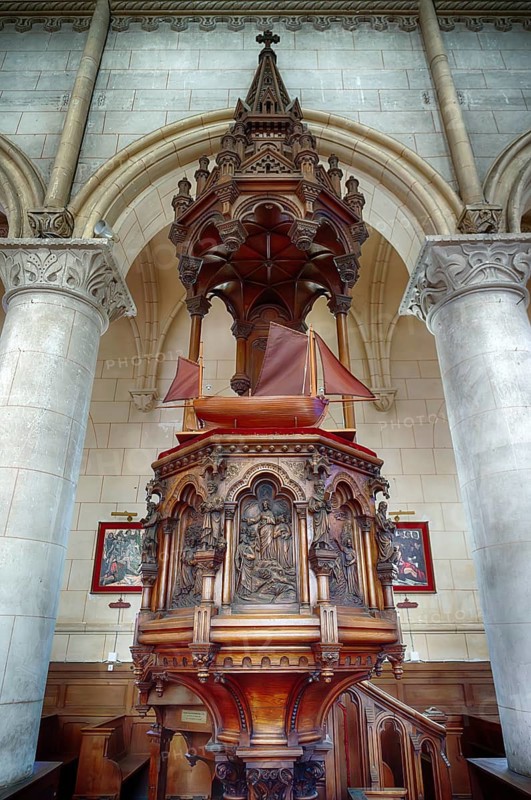 Interior view, pulpit with sailing ship, Église Saint Martin church, Yport, Normandy, Seine-Maritime, France