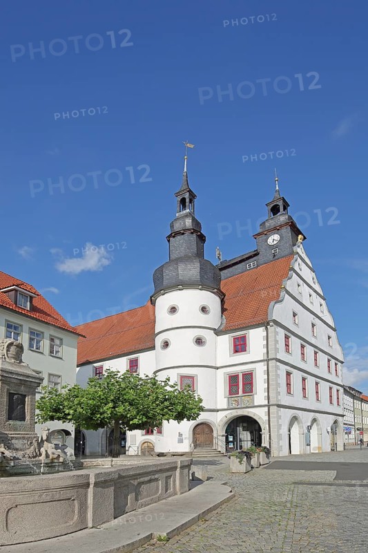 Renaissance Town Hall with Duke George Fountain, Market Square, Hildburghausen, Franconia, Thuringia, Germany