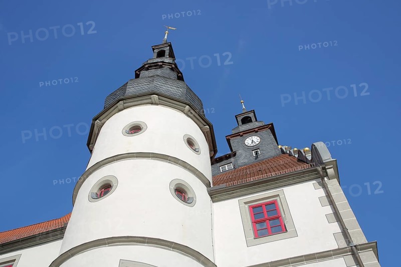 Renaissance town hall with turret, view upwards, perspective, market place, Hildburghausen, Franconia, Thuringia, Germany
