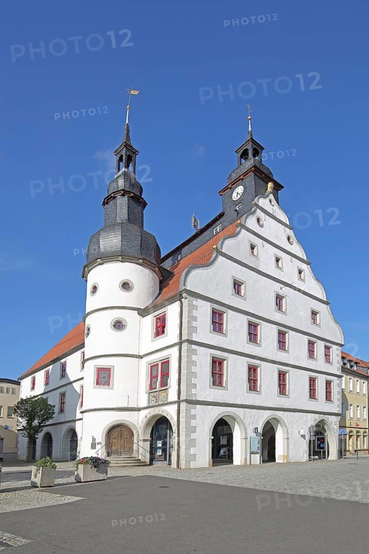Renaissance town hall with turrets, market square, Hildburghausen, Franconia, Thuringia, Germany
