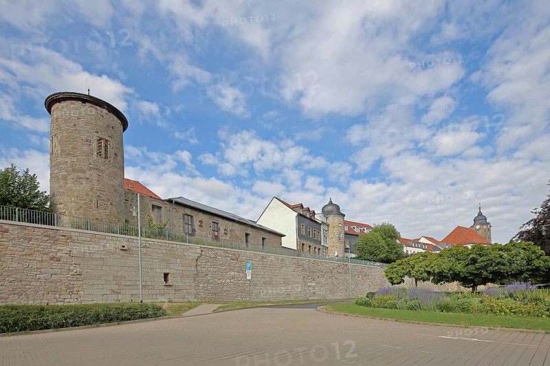 Towers with historic town wall and Christuskirche, town fortification, building, Luisenblick, Hildburghausen, Franconia, Thuringia, Germany