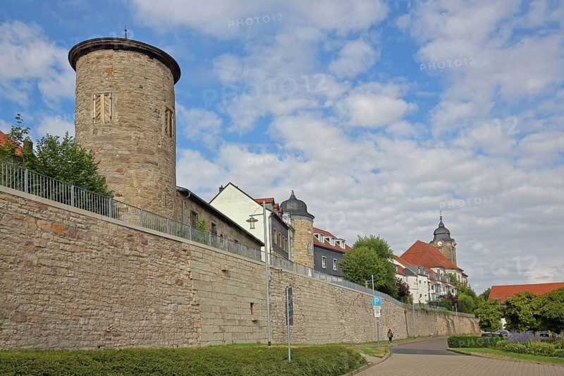 Towers with historic town wall, town fortifications, Christuskirche, Luisenblick, Hildburghausen, Franconia, Thuringia, Germany