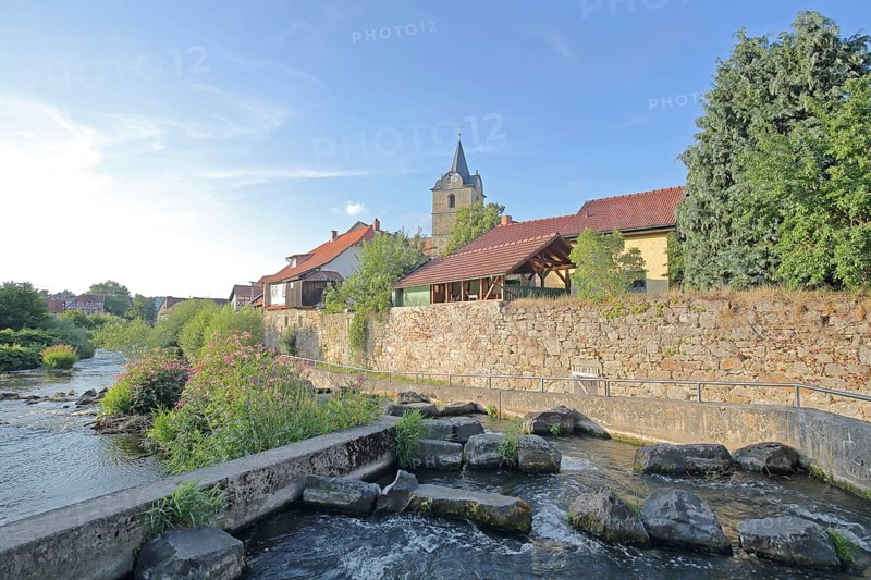 Werra with fish ladder, bank with stones, rocks, barrage, town wall, St Bartholomew's Church, Themar, cobblestone, Thuringia, Germany