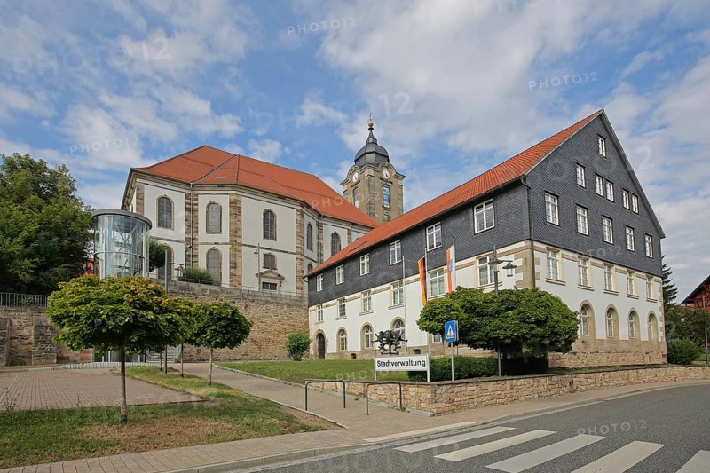 City administration building and Christuskirche, zebra crossing, inscription, Luisenblick, Hildburghausen, Franconia, Thuringia, Germany