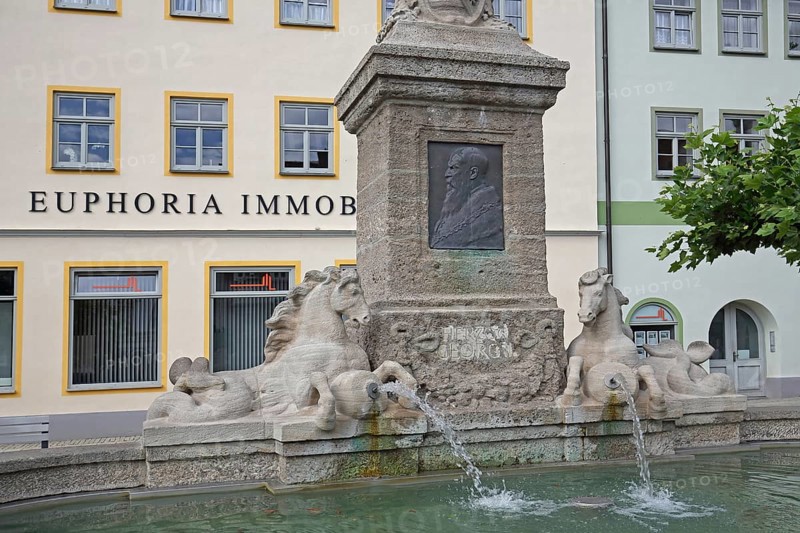 Duke George Fountain with relief of Duke George II of Saxe-Meiningen, monument, water basin, water jets, two reclining horse figures, market square, Hildburghausen, Franconia, Thuringia, Germany