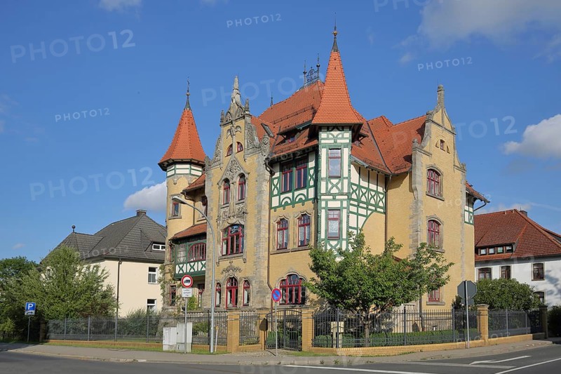 Magnificent Art Nouveau villa with ornamentation, bay windows and corner turrets, Hildburghausen, Franconia, Thuringia, Germany