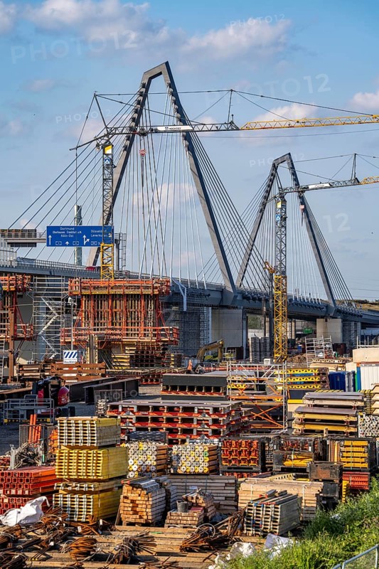Construction site on the left bank of the Rhine for the new construction of the second motorway bridge of the A1 over the Rhine near Leverkusen, after completion of the first bridge, the old one was demolished, the second part of the bridge, for a total of 8 lanes, is currently being rebuilt at the same location, Leverkusen, North Rhine-Westphalia, Germany
