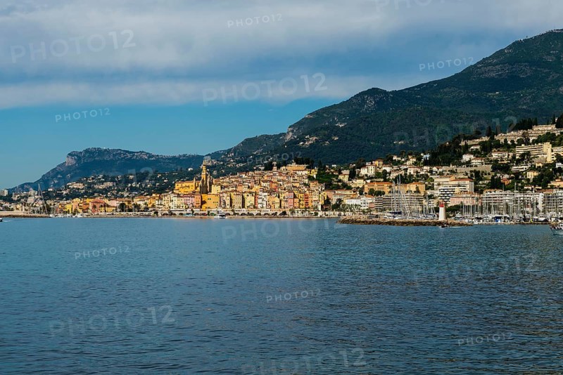 Town with colourful houses by the sea, Menton, Alpes Maritimes, Provence Alpes Cote d'Azur, French Riviera, South of France, France