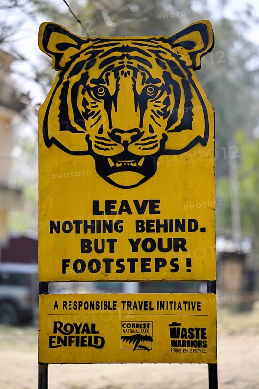 Sign Leave nothing behind but your footsteps, Tiger, Corbett National Park, near Ramnagar, Uttarakhand State, India