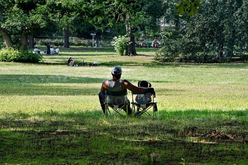 A man sits with his daughter under a shady tree, Berlin, 20 July 2025, Berlin, Germany