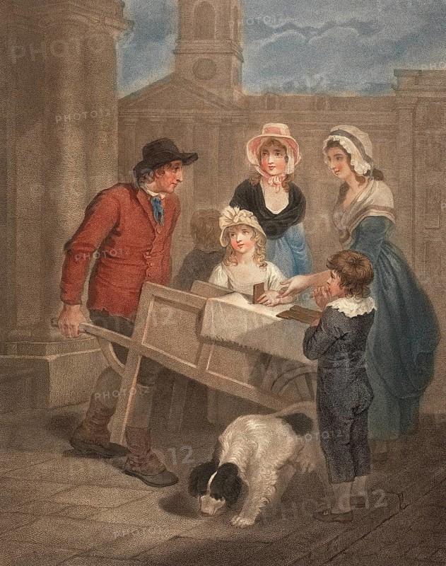 Hot spiced gingerbread is sold by a baker directly from his cart. Two woman and two children tasting the gingerbread, England, c. 1790, Painting by Francis Wheatley (1747 - 1801), English painter, Historical, digitally restored reproduction from a 19th century original, Record date not stated