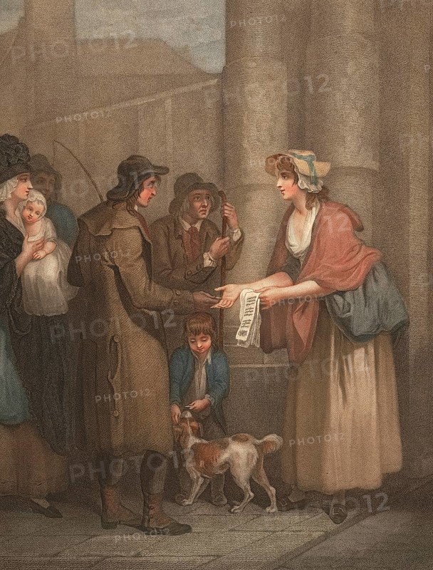 A new love song, only halfpenny a piece. Young woman selling song lyrics and poems to men, England, c. 1790, Painting by Francis Wheatley (b.1747 - 1801), English painter, Historic, digitally restored reproduction from a 19th century original, Record date not stated