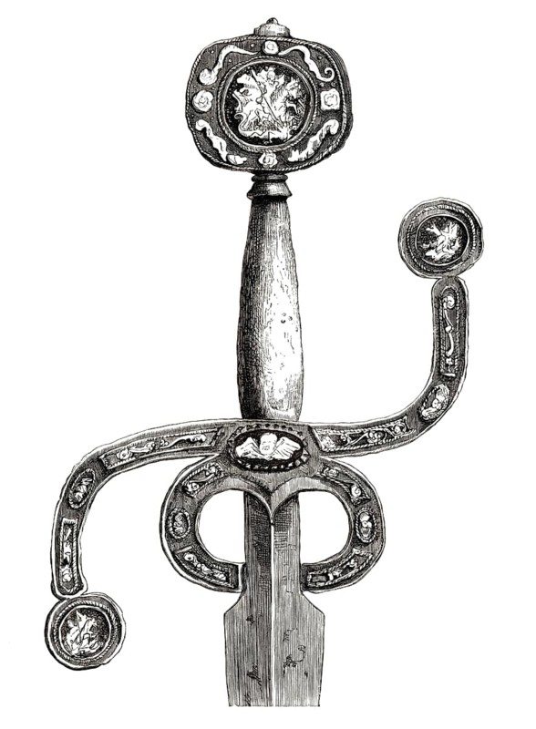 English sword, circa 1580, with very rare flat pommel and curved S-hilt, inlaid with silver. The pommel and the ends of the hilt are inlaid with silver medallions depicting St George and the dragon, from the book The British Army, 1868, Historical, digitally restored reproduction from a 19th century original, Record date not stated