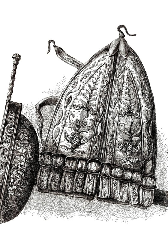 An Elizabethan sword belt for a rapier, known as a Carriage or Frog, from the book The British Army, 1868, Historical, digitally restored reproduction from a 19th century original, Record date not stated