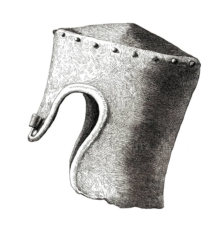 Cylindrical helmet with flat top and nose from the thirteenth century, excavated in Montgomery Castle in 1841, from the book The British Army, 1868, Historical, digitally restored reproduction from a 19th century model, Record date not stated
