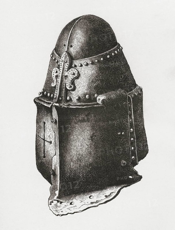 Helmet c. 1350, similar to that of the Black Prince in Canterbury Cathedral, but with the Piéce de Renfort on the left side, from the book The British Army, 1868, Historical, digitally restored reproduction from a 19th century model, Record date not stated