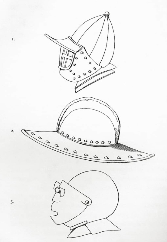 Helmets: 1. incomplete visor helmet. The visor can be opened via a hinge on the forehead. 2. pot helmet of a lancer, c. 1620. 3. helmet with two-part visor and semi-circular sight openings, c. 1600, from the book The British Army, 1868, Historical, digitally restored reproduction from a 19th century model, Record date not stated