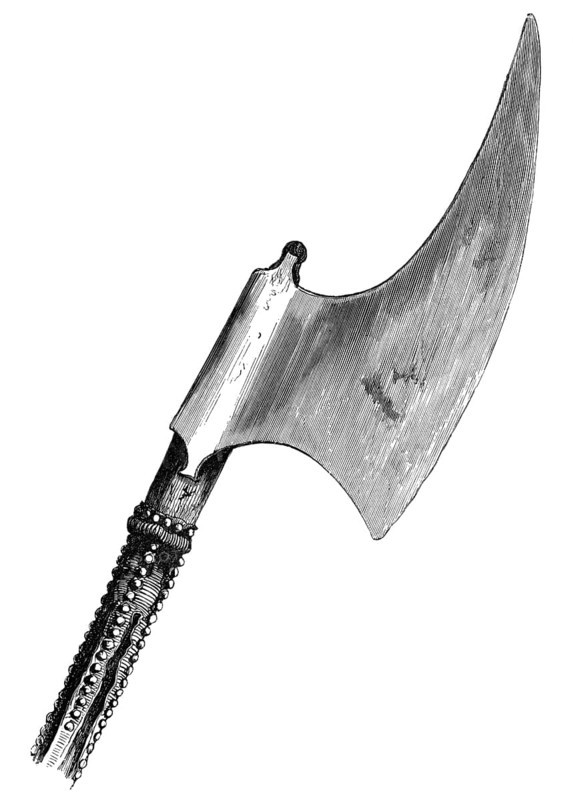 Ceremonial beheading axe from the 16th century, carried by the Master Gaoler of the Tower of London. The staff is studded with brass nails over leather, from the book The British Army, 1868, Historical, digitally restored reproduction from a 19th century original, Record date not stated