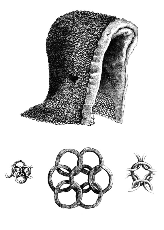 Chain mail bonnet and example of interlocking chain mail, c. 1120 AD, from the book The British Army, 1868, Historical, digitally restored reproduction from a 19th century model, Record date not stated