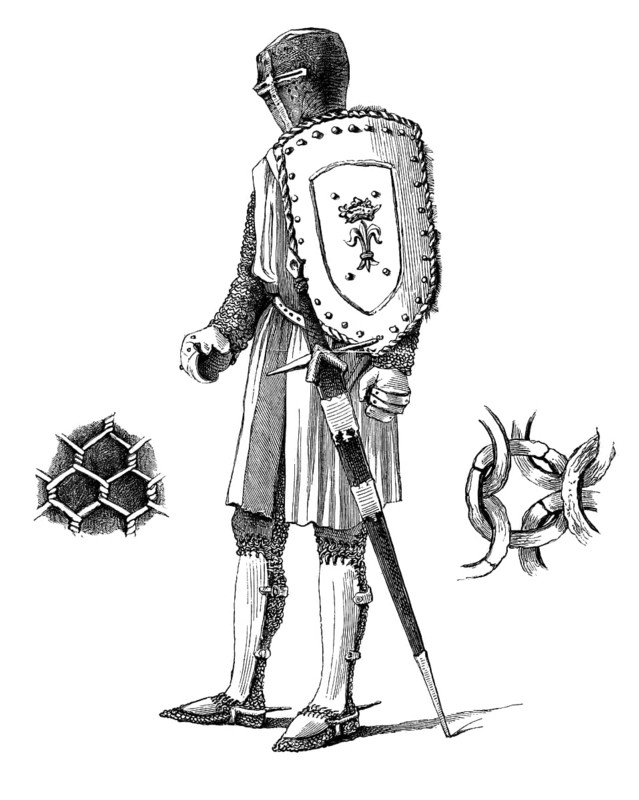 Examples of plate and chain armour from around 1250 AD, from the book The British Army, 1868, Historical, digitally restored reproduction from a 19th century model, Record date not stated