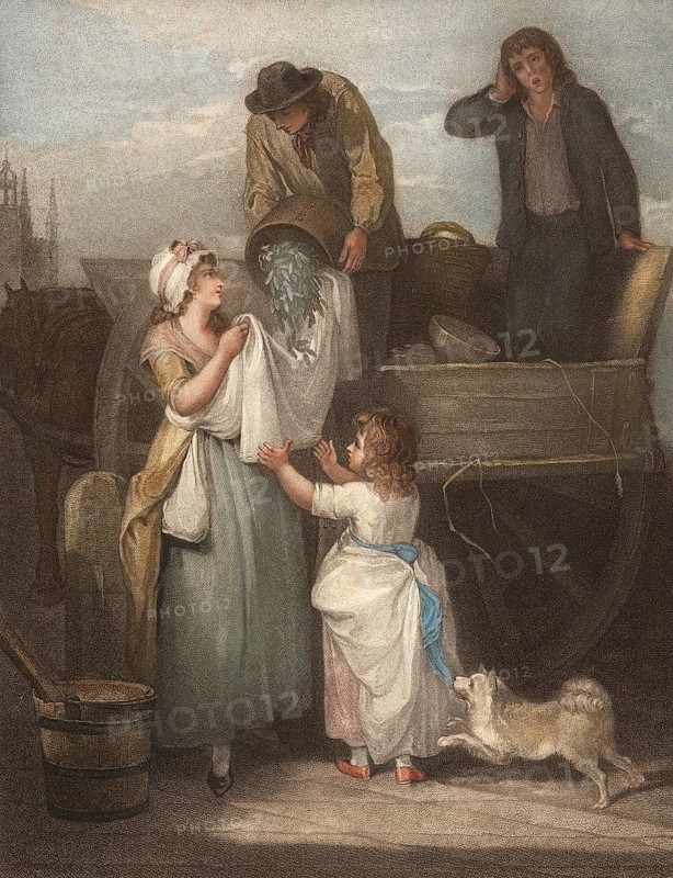 Freshly harvested peas being sold from a cart and stuffed into a cloth, Woman with child as customer, England, c. 1790, Painting by Francis Wheatley (1747 - 1801), English painter, Historical, digitally restored reproduction from a 19th century original, Record date not stated