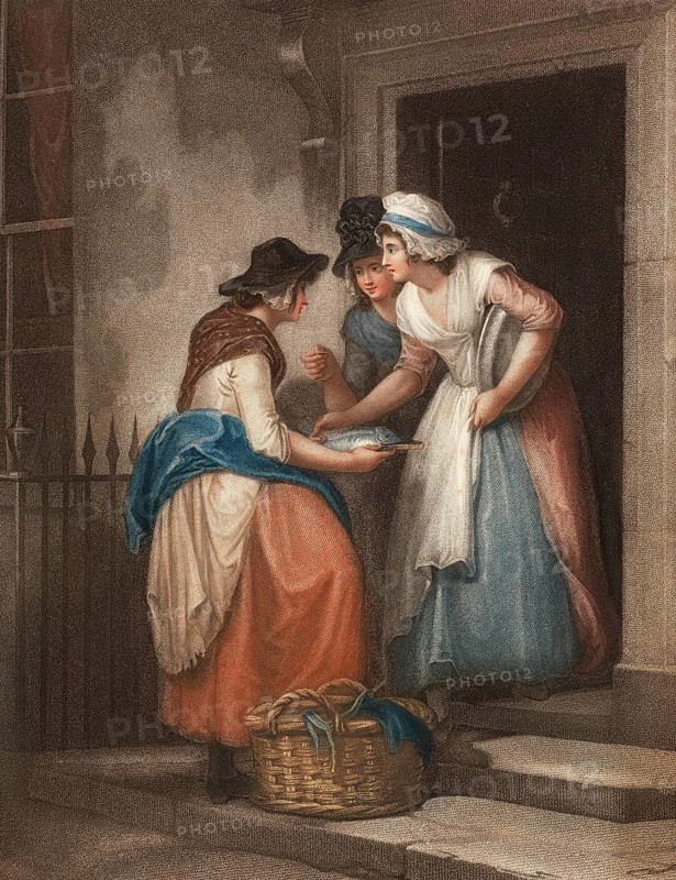 Fresh mackerel, fishmonger offers her wares at the front door, two customers buy the fish, England, c. 1790, Painting by Francis Wheatley (1747 - 1801), English painter, Historic, digitally restored reproduction from a 19th century original, Record date not stated