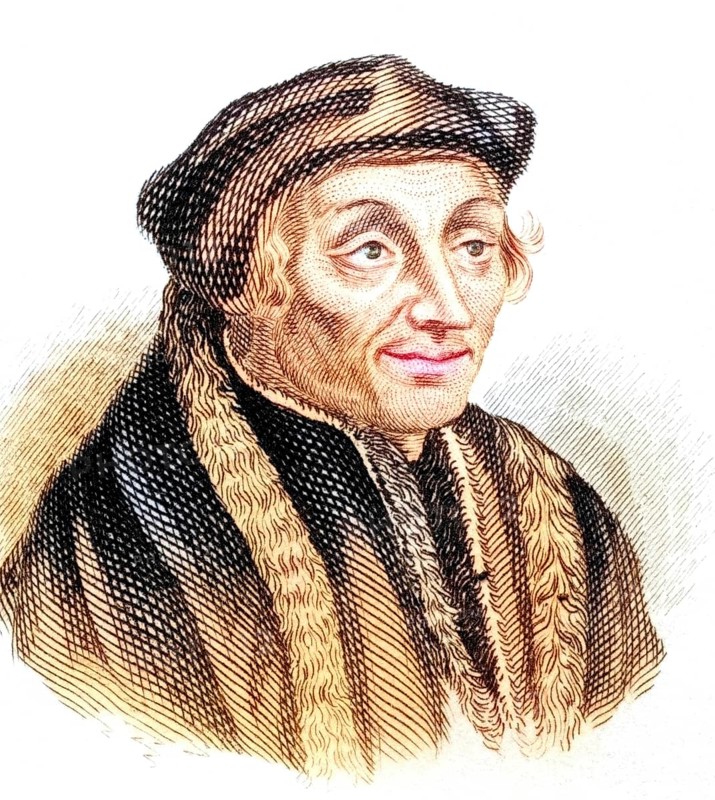 Desiderius Erasmus of Rotterdam or just Erasmus (1) (2) (born 28 October 1466/1467/1469 in Rotterdam, died 11/12 July 1536 in Basel) was a Dutch polymath: theologian, philosopher, philologist, priest, author and editor of 444 books and writings, from the book Crabbes Historical Dictionary, 1825, Historical, coloured, digitally restored reproduction from a 19th century original, Record date not stated
