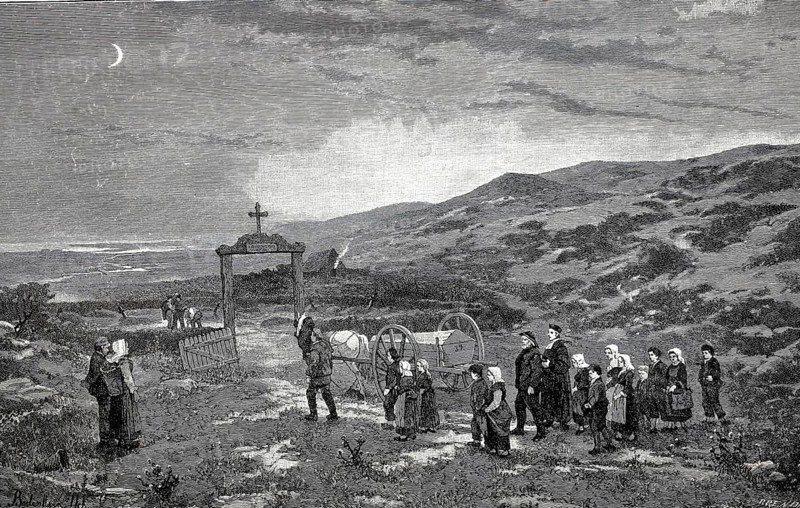Funeral on Sylt, the coffin is driven to the cemetery in a carriage, the mourners walk behind, 1880, Germany, Historical, digitally restored reproduction from a 19th century original, Record date not stated