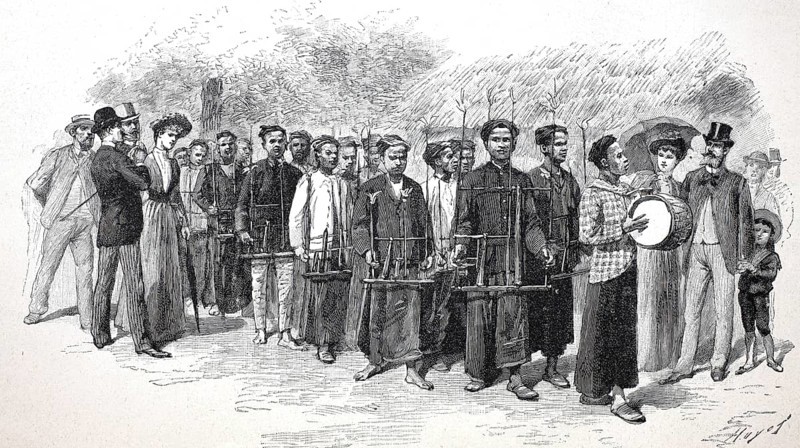 A music band from Jave on the way to pick up the dancers, 1880, Historical, digitally restored reproduction from a 19th century original, Record date not stated