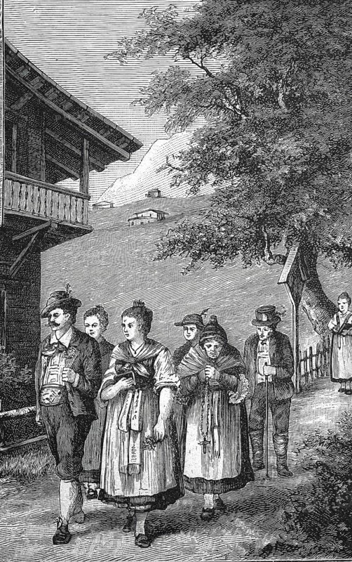Alpine farmers on their way to Sunday worship in their home village, Alps, Tyrol, around 1880, Austria, Historical, digitally restored reproduction from a 19th century original, Record date not stated