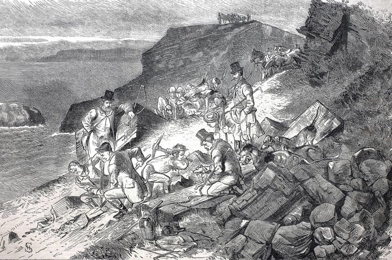 Foxhunt at Cornwell, 1880, Excavation of the den of a cliff fox, England, Historical, digitally restored reproduction from a 19th century original, Record date not stated