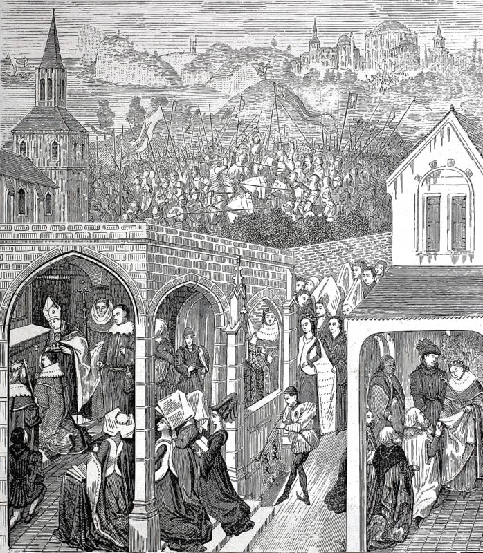 The coronation of Philip August in Reims in 1179, wood engraving after a miniature in the Library of Burgundy in Brussels, Philip II, Philippe Auguste, born 21 August 1165, died 21 July 1223, was King of France from 1180 to 1223. August, Philippe Auguste, born 21 August 1165, died 14 July 1223, was King of France from 1180 to 1223 and descended from the Capetian dynasty, Historical, digitally restored reproduction from a 19th century original, Record date not stated