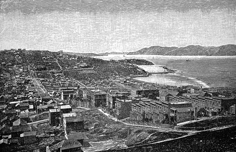 San Franciso, rows of houses, blocks of flats, green areas, hills, parallel streets, ships, Pacific Ocean, mountain landscape, California, America, historical illustration 1896