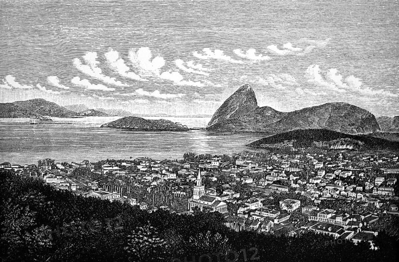 Cityscape of Rio de Janeiro, church, houses, green areas, Guanabara Bay, water and mountain landscape, Atlantic Ocean, Brazil, historical illustration 1896