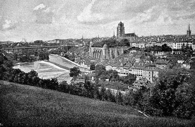 City view of Bern on the Aare, Old Town, UNESCO World Heritage Site, bridge, churches, fortress, park, slope, Switzerland, historical illustration 1896