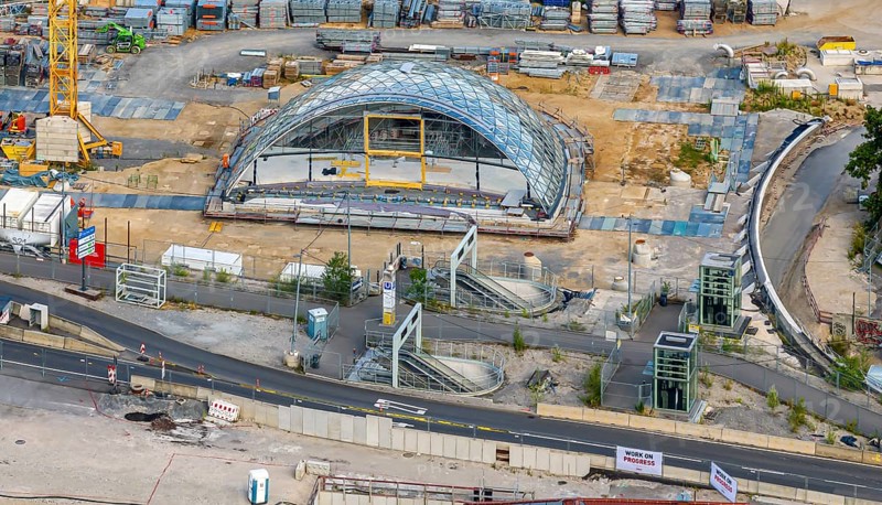 Glass entrance portal to the future Stuttgart main station. Stuttgart 21 construction site, where the new through station is being built. Stuttgart, Baden-Württemberg, Germany