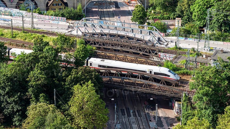 Railway bridges at Stuttgart North Station with ICE. More than 1000 Deutsche Bahn AG bridges need to be renovated. Symbolic photo. Stuttgart, Baden-Württemberg, Germany