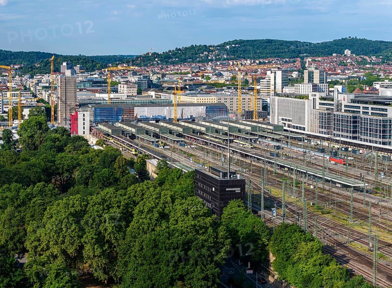 Track apron at the main station with InterCity at the platform. In front the signal box, on the right office building of LBBW. Stuttgart, Baden-Württemberg, Germany