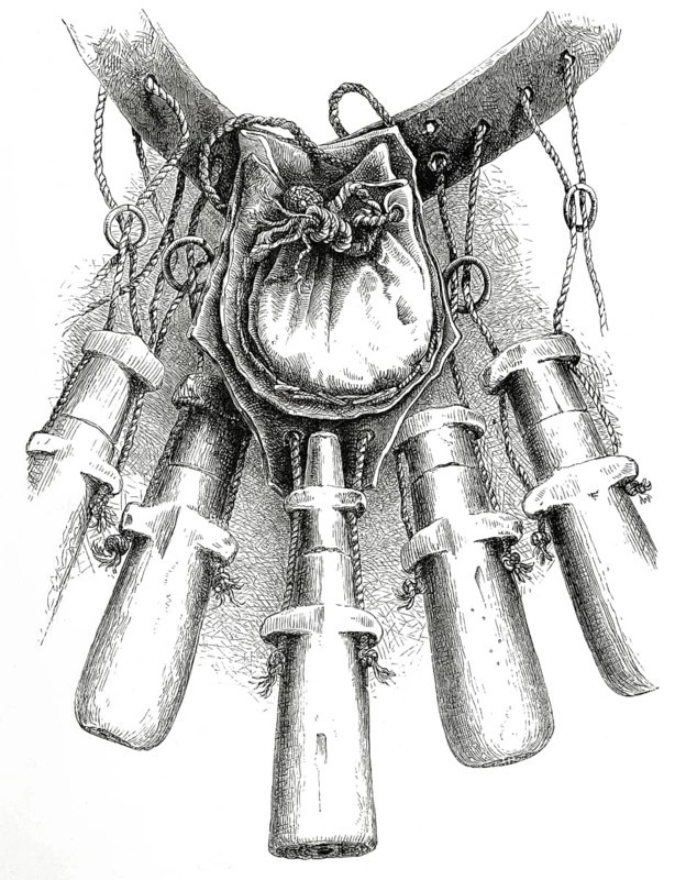 18th century weaponry, bandoleers showing the arrangement of the strings, rings, bullet pocket and primer, from the book The British Army, 1868, Historical, digitally restored reproduction from a 19th century original, Record date not stated