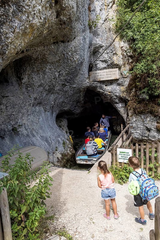 Excursion destination Wimsen Cave in the Swabian Alb. This tourist attraction is the only cave in Germany that can be accessed by boat. Origin of the Zwiefalter Ach. Hayingen, Baden-Württemberg, Germany