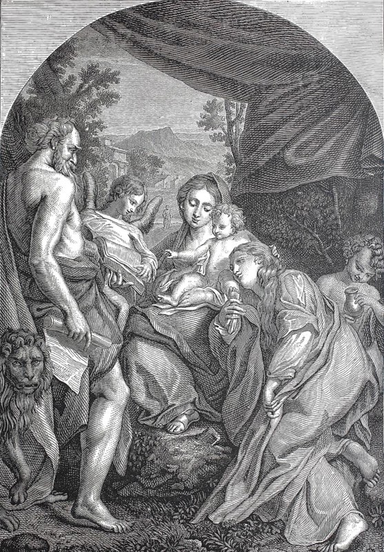 Madonna with Child and Saints Jerome and Mary Magdalene, woodcut after an oil painting by the Italian Renaissance artist Correggio from around 1528, Historic, digitally restored reproduction from a 19th century original, Record date not stated