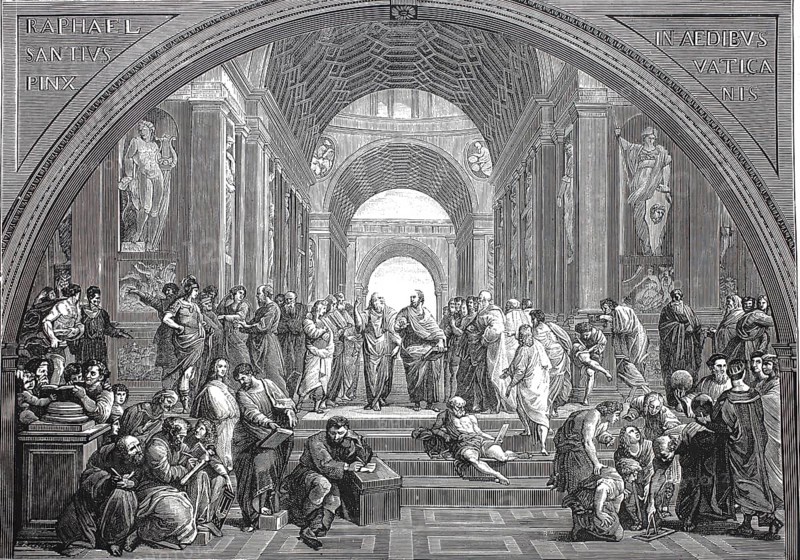 The School of Athens, woodcut after a fresco by the painter Raphael, which he produced from 1510 to 1511 in the Stanza della Segnatura of the Vatican for Pope Julius II, Historical, digitally restored reproduction from a 19th century original, Record date not stated