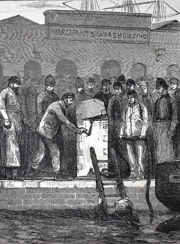The Murder League in Dublin, Divers searching the pool at the end of the ring where Kavanagh states that he threw the knives in the attempted murder of Denis Fiels, circa 1880, Ireland, Historical, Digitally restored reproduction from a 19th century master, Record date not stated