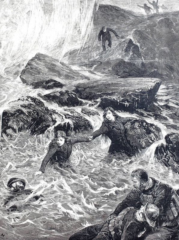 The Brave Rescue by Mrs Wright and Miss Jessie Ace from the Men of the Mumbles Lifeboat at Mumbles Head, near Swansea, 1880, Wales, Historical, Digitally restored reproduction from a 19th century original, Record date not stated