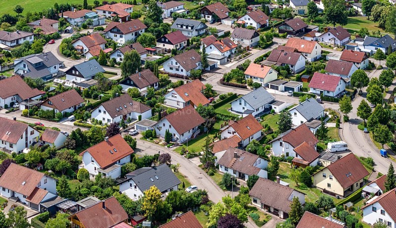 Residential area with detached house and garden. Residential buildings in Münsingen in the Swabian Alb. Drone photo. Münsingen, Baden-Württemberg, Germany