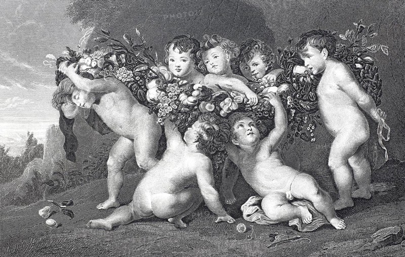 The fruit wreath, many children playing with fruit, steel engraving after a painting by Rubens, historical, digitally restored reproduction of a 19th century model, putti playfully playing with fruit in a baroque depiction of nature