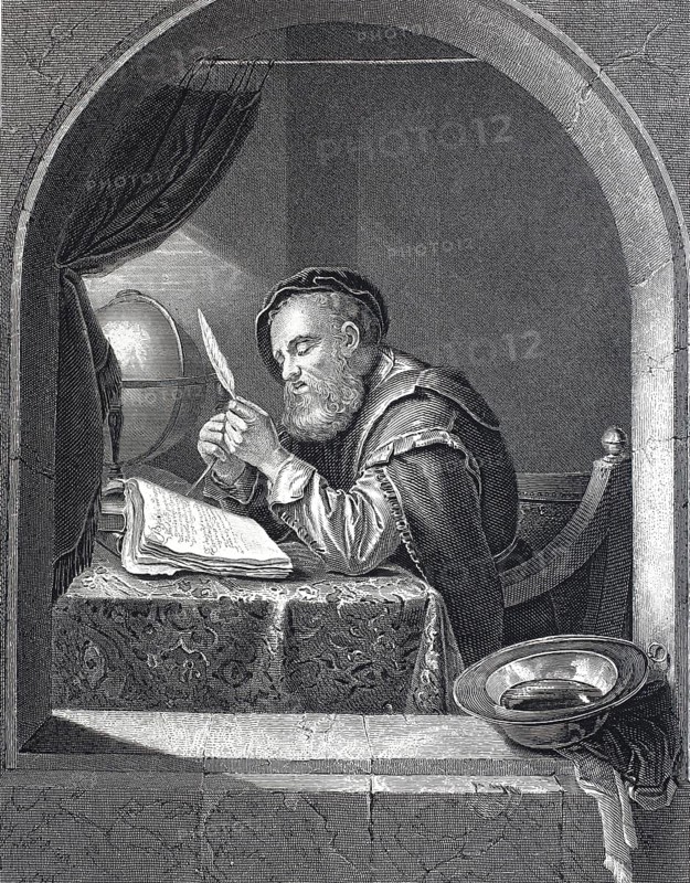 Scholar writing with a pen, Scientist, 1680, Historical, digitally restored reproduction of a 19th century original, A man writing in a book by candlelight, sitting at a window in a scholar's room